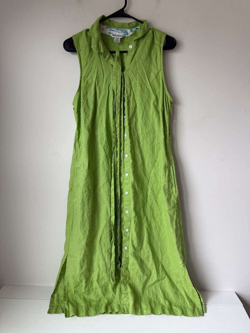Tommy Bahama 100% Linen Dress Women Sz M Green Button Down Coastal Resort Pocket